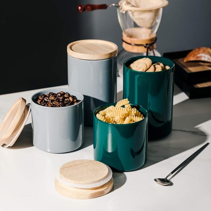 Sweejar Kitchen Canisters Ceramic Food Storage Jar, Stackable Containers with Airtight Seal Wooden Lid for Serving Ground Coffee, Tea, Sugar, Salt and More - 28 Fl Oz (Gray)-Ruum Studio Home