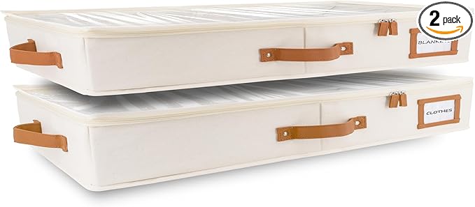 HOMELUX THEORY 2pc Low Profile Under Bed Storage Containers, Thin Under Couch Storage Organizer with Bins & Lids, Underbed Storage Box Ideal for Seasonal Clothes, Blankets, Fabric & Shoes (Ivory)-Ruum Studio Home