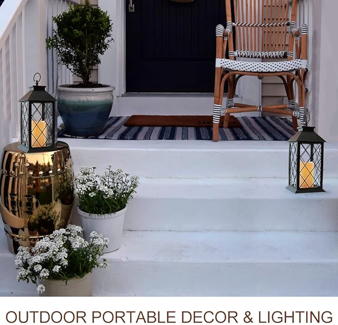 Bright Zeal 2-Pack 13.5" Vintage Candle Lantern with LED Pillar Candle (Black, 6hr Timer) - IP44 Waterproof Battery Powered Candle Lantern - Outdoor Patio Hanging Lantern Decorative Tabletop Lantern-Ruum Studio Home