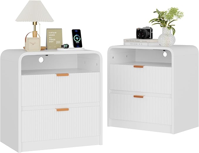 FURSUN 24" Fluted Nightstand Set of 2 with Charging Station, Wooden End Table with 2 Drawers Storage, Curved Profile Design, Modern Bedside Cabinet for Bedroom Living Room, White-Ruum Studio Home