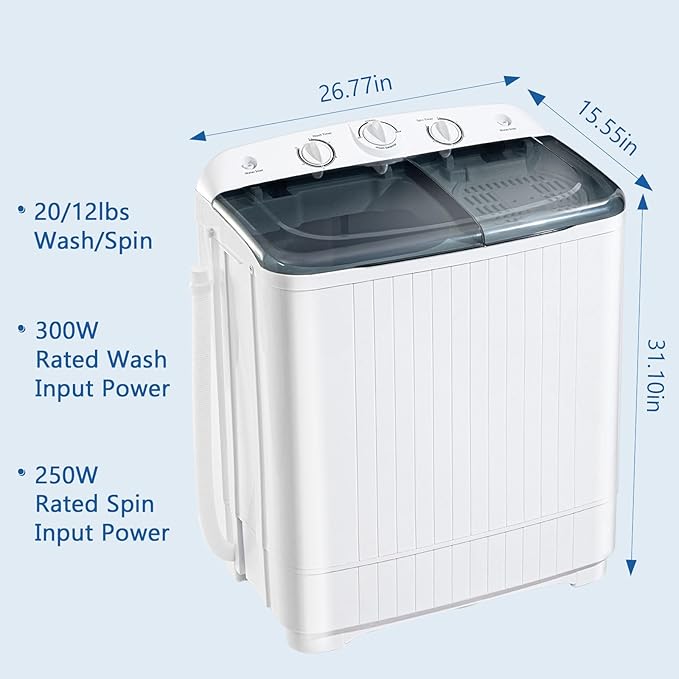 Portable Mini Twin Tub 32lbs Washing Machine With Drying Rack& 10 Hangers, 20lbs Washer & 12lbs Spinner, Small Laundry Washer with Time Control for Camping, Apartments, RV (32lbs)-Ruum Studio Home