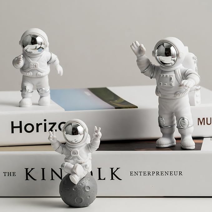 3 Pcs Silver White Astronaut Statues Set, Spaceman Sculpture Figurines Home Ornament Cake Toppers Gift-Ruum Studio Home