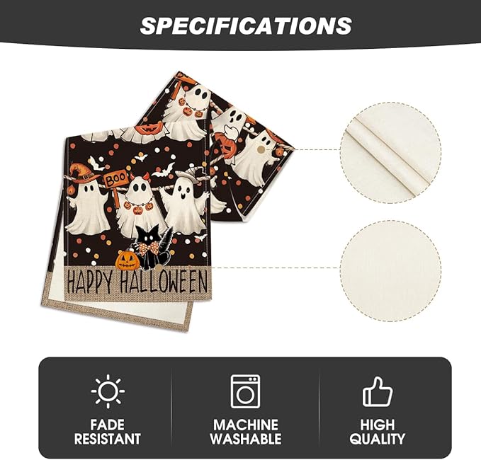 Artoid Mode Ghost Jack-O'-Lantern Black Cat Halloween Table Runner,Holiday Kitchen Dining Table Decoration for Home Party Decor 13 x 60 Inch-Ruum Studio Home