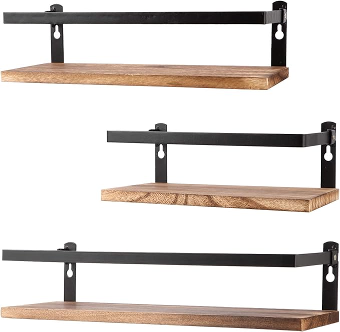 Floating Shelves Rustic Wood Wall Mounted Shelf Practical Metal Fence Design Ideal for Bedroom, Bathroom, Kitchen Set of 3(Carbonized Black)-Ruum Studio Home