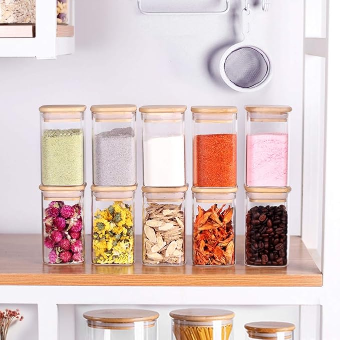 10 Pcs Glass Spice Jars - 8oz Empty Square Spice Storage Containers With Bamboo Airtight Lid and Labels - Thicken Small Glass canister for Kitchen Seasoning,Coffee Bean,Tea,Suger,Herbs-Ruum Studio Home
