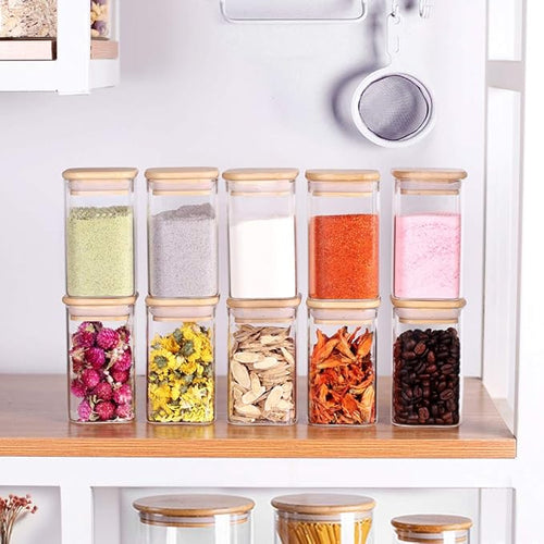 10 Pcs Glass Spice Jars - 8oz Empty Square Spice Storage Containers With Bamboo Airtight Lid and Labels - Thicken Small Glass canister for Kitchen Seasoning,Coffee Bean,Tea,Suger,Herbs-Ruum Studio Home