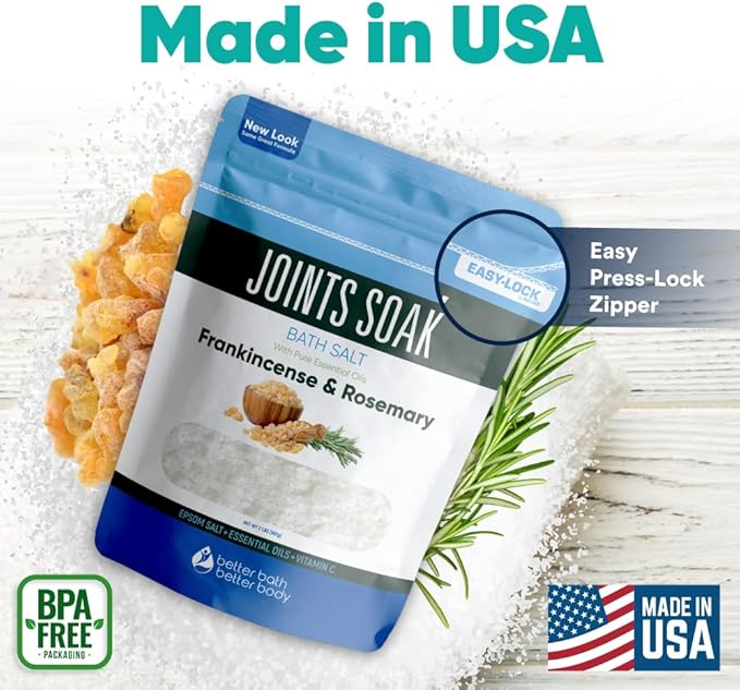 Joints Soak Bath Salt 32 Ounces Epsom Salt with Natural Rosemary, Frankincense and Peppermint Essential Oils Plus Vitamin C in BPA Free Pouch with Easy Press-Lock Seal-Ruum Studio Home