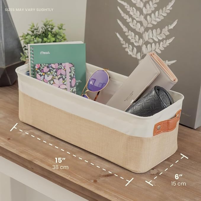 OrganiHaus Narrow Storage Bins 15x06in, Small Closet Bins for Shelves, Bathroom Storage Baskets for Shelves, Narrow Baskets, Fabric Organizer with Handles, Toilet Paper Organizer - 2 Pack, Beige-Ruum Studio Home