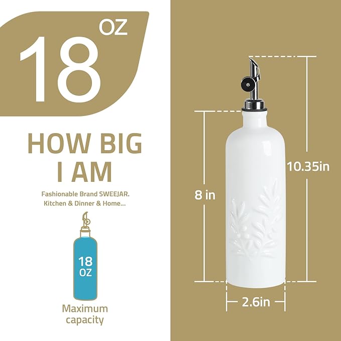 Sweejar 18 Oz Oil Dispenser for Kitchen with Gravity Spout, Ceramic Olive Oil Dispenser Bottle, Relief Opaque Vinegar Container for Evoo, Vinegar, Soy Sauce, Pack of 1(Fogbule, Gold Spout)-Ruum Studio Home