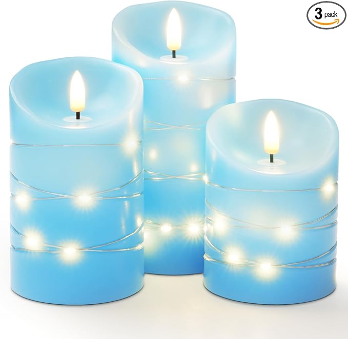 Homemory Flameless Candles with String Lights, 3 Pack Embedded Fairy String Lights LED Candles, Electric Flickering Candles with Remote Control and Timer, Real Wax, Blue-Ruum Studio Home