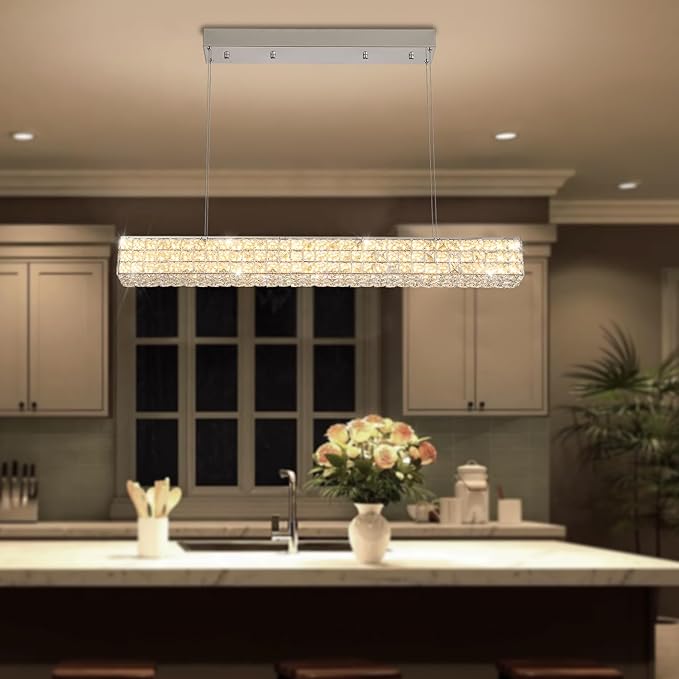 Modern Crystal Chandelier Silver Rectangular Crystal Chandelier Contemporary Linear Pendant Ceiling Light Fixture for Living Dining Room Kitchen Island (L 40")-Ruum Studio Home