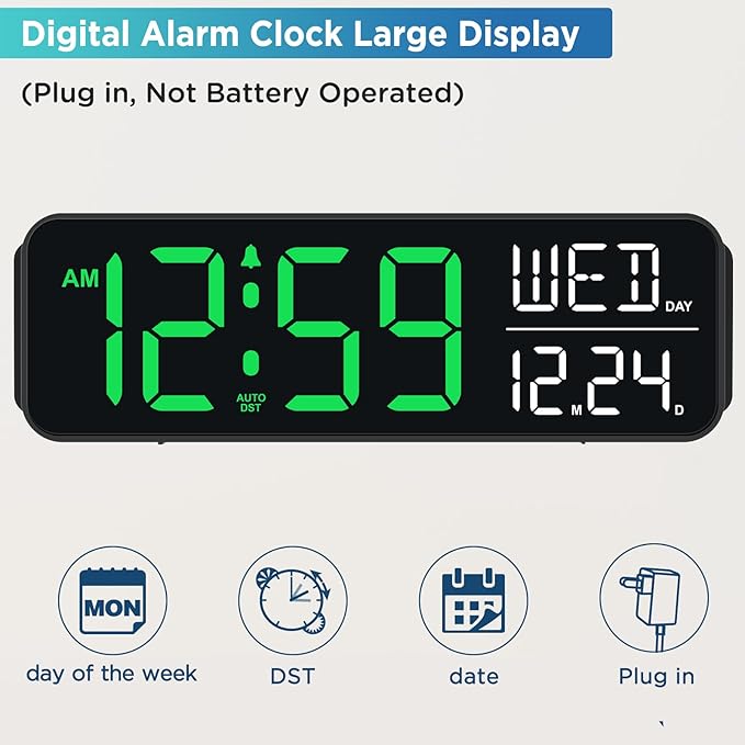 Peakeep Large Display Digital Alarm Clock for Bedrooms, Date Day of Week Desk Table Clocks for Living Room Office, Dimmable Plug in Electric Clock, 5 Volumes, Loud, Auto DST-Ruum Studio Home