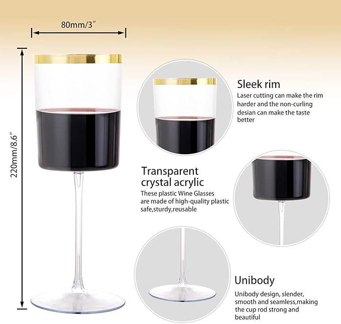 Ciaell 12 Pack Plastic Wine Glasses - 14 Oz Plastic Wine Glasses with Stem - Square Gold Disposable Stemmed Glass for Parties & Weddings & Outdoors & Thanksgiving-Ruum Studio Home