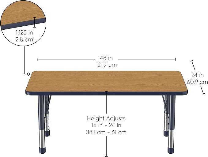 Factory Direct Partners FDP Rectangle Activity School and Kids Classroom Table (24 x 48 inch), Toddler Legs, Adjustable Height 15-24 inches - Oak Top and Navy Edge-Ruum Studio Home