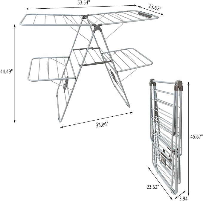 Large Capacity Double Drying Rack, Folding Rustproof Drying Rack with Non-Slip Clips and Drainage Shoe Rack, Height Adjustable, Airy and Quick Drying, Suitable for Balcony and Outdoor Use-Ruum Studio Home
