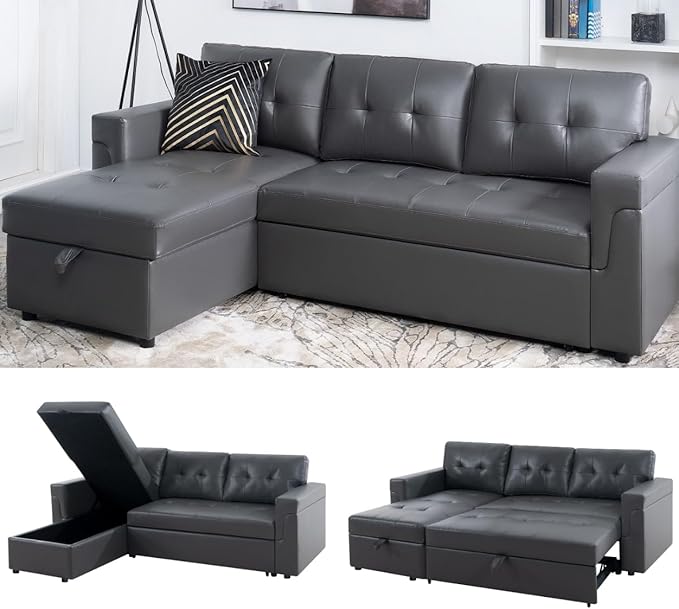 Naomi Home Modern Sectional Sofa with Storage Chaise Gray/Air Leather-Ruum Studio Home