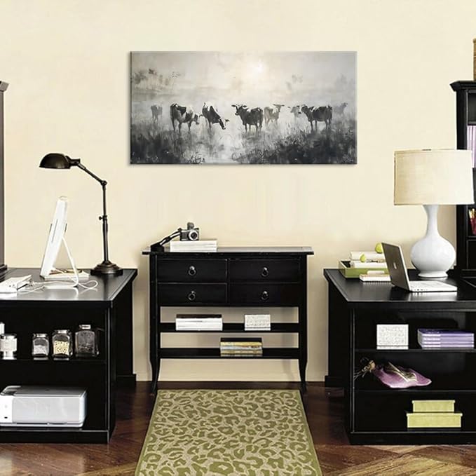 LASMOND Black and White Cow Wall Art for Living Room Ink Wash Canvas Painting Prints Morning Cattle Vintage Country Farmhouse Artwork Bedroom Office Decor (40x20 Inches)-Ruum Studio Home