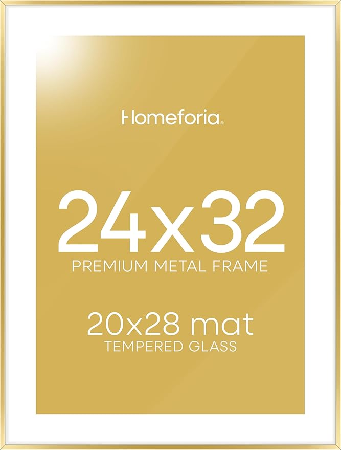 Homeforia 24x32 Poster Frame Gold, High End Metal 24 x 32 Large Picture Frames with Mat 20 by 28 for Photo, 24x32 Gold Frame Matted to 20x28 inch Print, 32x24 Frame, Tempered Glass, Wall Kit, Set of 1-Ruum Studio Home