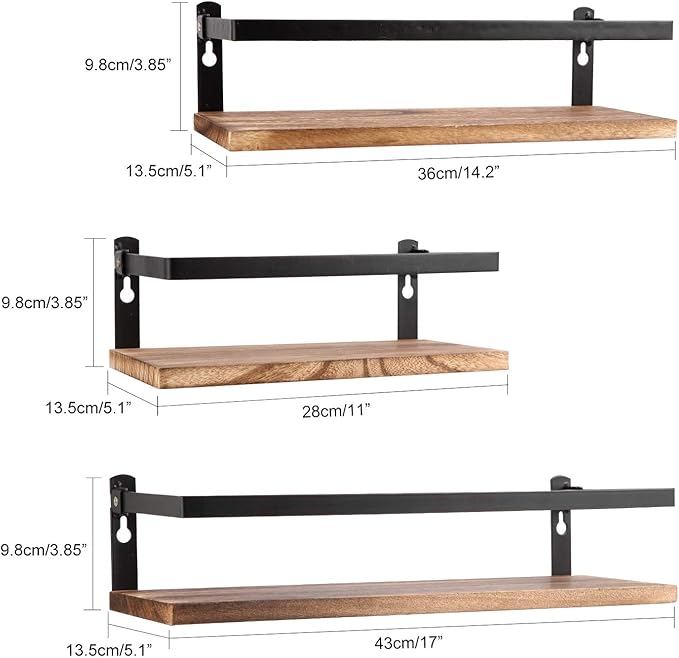 Floating Shelves Rustic Wood Wall Mounted Shelf Practical Metal Fence Design Ideal for Bedroom, Bathroom, Kitchen Set of 3(Carbonized Black)-Ruum Studio Home