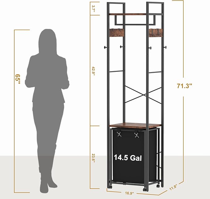Coat Rack with Laundry Basket, Laundry Hamper Freestanding Hall Tree, Clothes Rack with Storage Shelves, 14.5 Gal Removable Bags on Wheels, Black and Brown JLH005SR-Ruum Studio Home