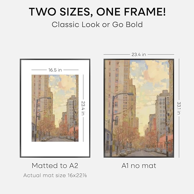 Homeforia A1 Poster Frame Black, High End Metal 23.4 x 33.1 inch Large Picture Frames with Mat 16.5 by 23.4 for Photo, A1 Size Frames Matted to A2 Print, 23.4x33.1 Thin Frame, Tempered Glass, Set of 1-Ruum Studio Home