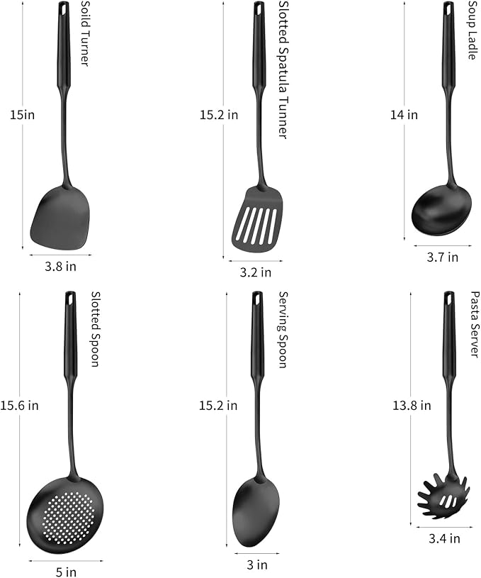 304 Stainless Steel Cooking Utensil,Kitchen Kitchen Utensil with Spatula, Solid Spoon, Ladle, Skimmer, Spaghetti Spoon, 6 Piece Set, Dishwasher Safe(Black)-Ruum Studio Home