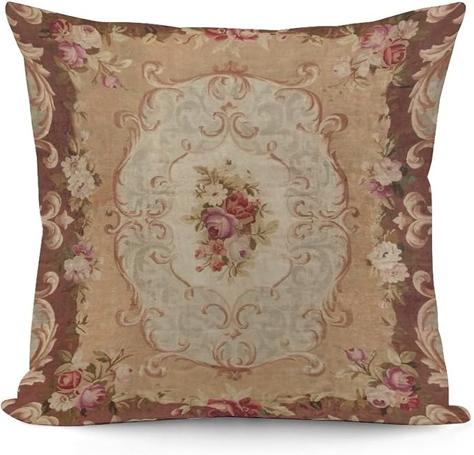 RURALS Antique Rose Floral French Aubusson Rug Decorative Pillow Covers Cozy Soft Throw Pillowcase Square Couch Cushion Cover for Home Decor Sofa Living Room Bed Car 18x18 Inch-Ruum Studio Home