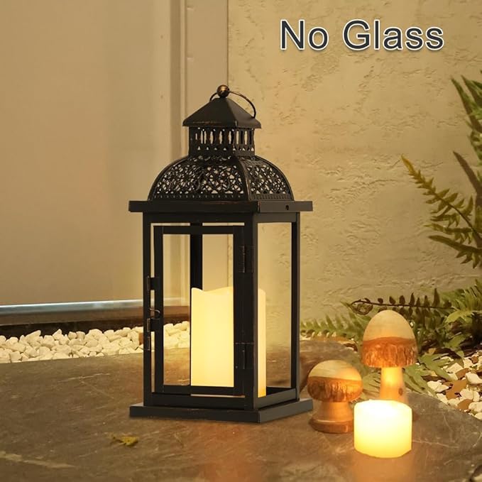DECORKEY No Glass Lanterns Decorative Indoor & Outdoor, 15'' Candle Lantern Decorative Christmas Indoor Outdoor Decor, Vintage Metal Hanging Lanterns with LED Candle for Patio, Front Porch,Yard, Table-Ruum Studio Home