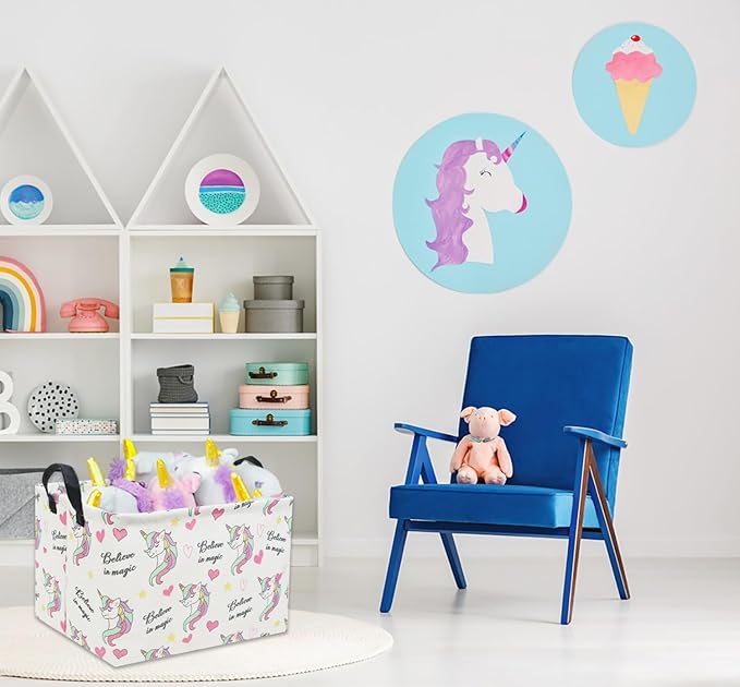 HIYAGON Rectangular Unicorn Basket Gift Baskets Empty Cute Storage Bin with Handles Nursery Room Decor(Unicorn)-Ruum Studio Home