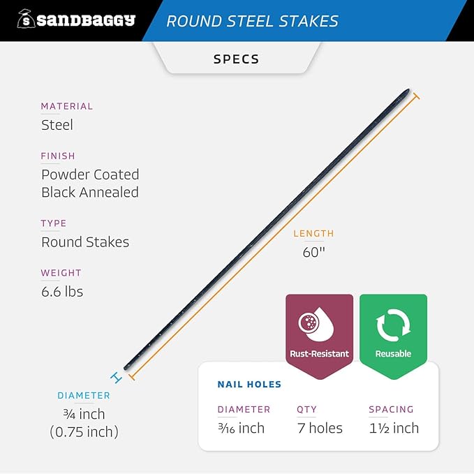 Sandbaggy Round Steel Concrete Form Stakes with Nail Holes - Rust Resistant Coating - Removable, Reusable (5, 3/4 in X 60 in)-Ruum Studio Home