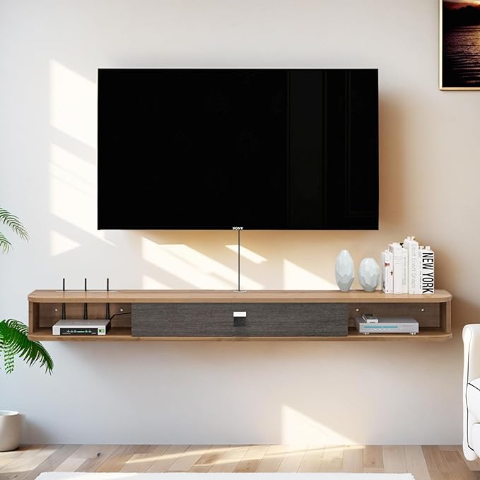 Pmnianhua Floating TV Shelf, 94'' Wall Mounted TV Stand Floating TV Console Media Entertainment Under TV Shelf for Bedroom Living Room (Walnut)-Ruum Studio Home