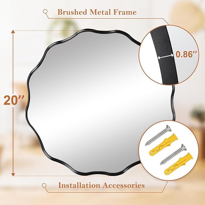 Fabuady Black Round Wavy Edge Mirror - 20'' Circle Wall Mirror with Metal Frame, Decorative Hanging/Leaning Mirrors for Bathroom, Bedroom, Living Room, Hallway, Entryway, Office, Home Decor-Ruum Studio Home