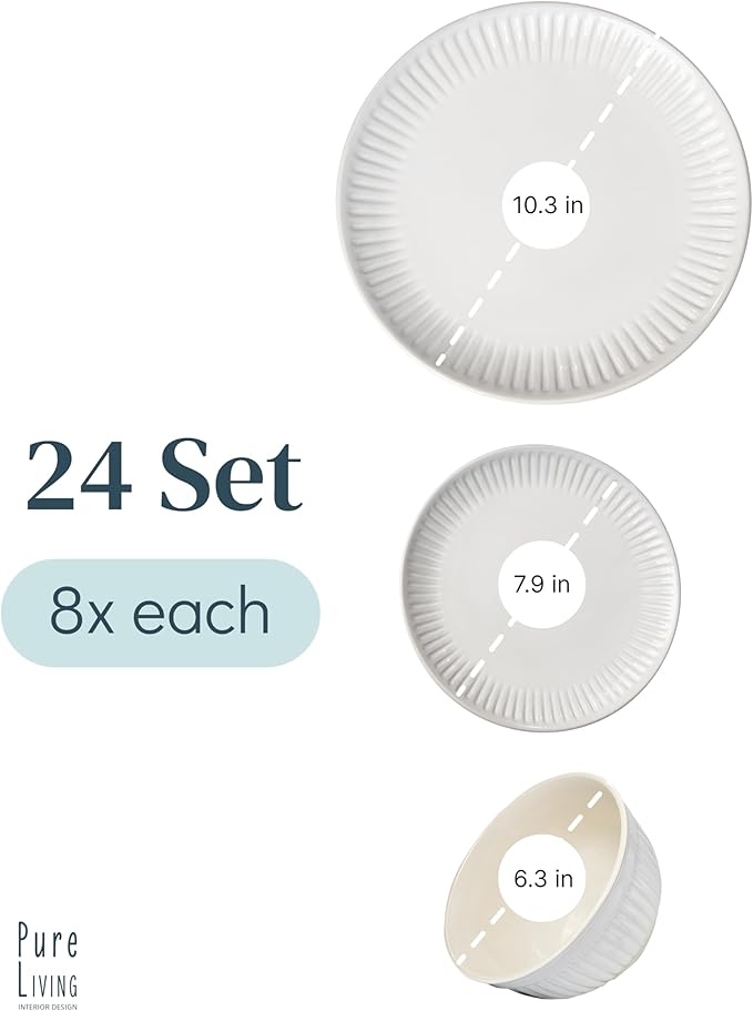 Stoneware Dinnerware Set for 8 People HYGGE 24-Piece - Elegant Scandi Design - Premium Dish Set - Bowl and Plate Set - Tableware for 8 People in a Ribbed Design - Pure Living in White-Ruum Studio Home