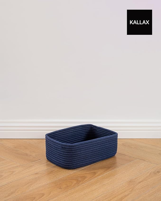 KALLAX Small Woven Basket, 12 x 8 x 4.5 Inches, Storage Basket for Organizing, Cute Small Rope Shelf Closet Cube Storage Bins Baskets for Shelves, Dog Toy Gift Baskets Empty, 3 Packs, Navy Blue-Ruum Studio Home