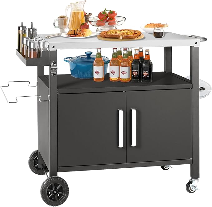 Grill Cart Table with Big Storage Cabinet, Movable Outdoor Dining Cart Pizza Oven Stand, Kitchen Cart Island Multifunction Food Prep Table Stainless Steel Surface-Ruum Studio Home