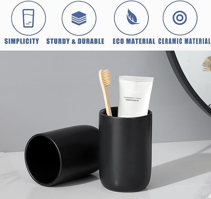 Matte Black Toothbrush Holders for Bathrooms - 2 Cups Ceramic Toothbrush Toothpaste Holders Set, Black Bathroom Tumbler Cups Reusable Toothbrush Cup Black Mouthwash Cup, Bathroom Counter Organizer-Ruum Studio Home