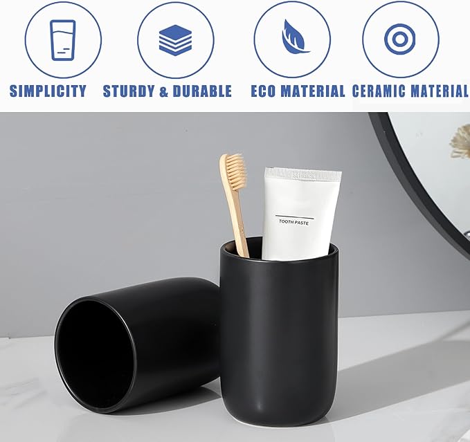 Matte Black Toothbrush Holders for Bathrooms - 1 Cups Ceramic Toothbrush Toothpaste Holders, Black Bathroom Tumbler Cup Reusable Toothbrush Cup Black Mouthwash Cup, Bathroom Counter Organizer-Ruum Studio Home