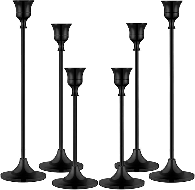 Metal Candle Holders for Candlesticks Taper Candlestick Holders Set Vintage Decorative Centerpiece Candelabra Tall Candle Stands for Halloween Thanksgiving Christmas (Matt Black, 2 Sets (6 pcs))-Ruum Studio Home