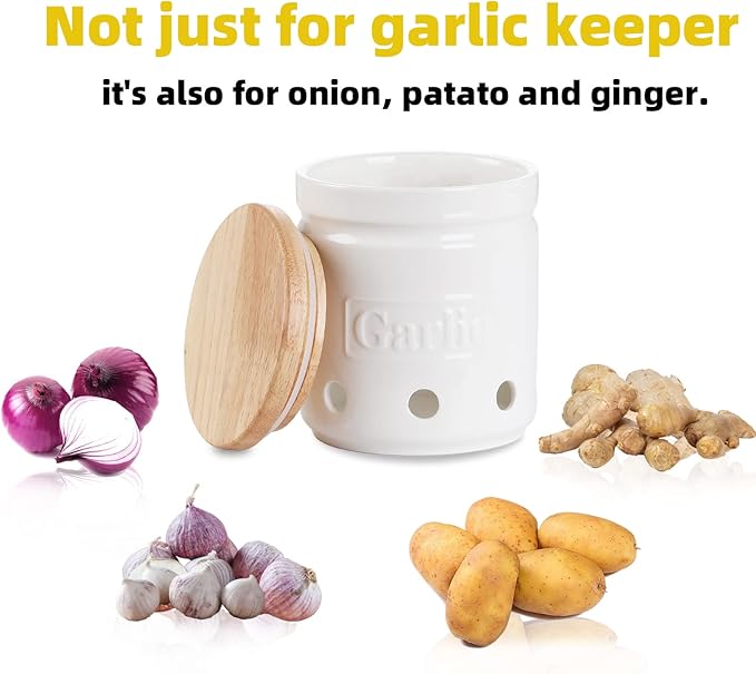 Large Garlic Keeper with Wooden Lid, Ceramic Garlic Holder Storage, Garlic Container for Kitchen, Garlic Saver to Keep Your Garlic Cloves Fresh Longer 4.5-Inch, White-Ruum Studio Home