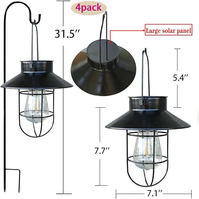4 Pack Hanging Solar Lantern Lights with Shepherd Hook, Metal Waterproof Warm White Edison Bulb Lights for Garden Outdoor Pathway-Ruum Studio Home