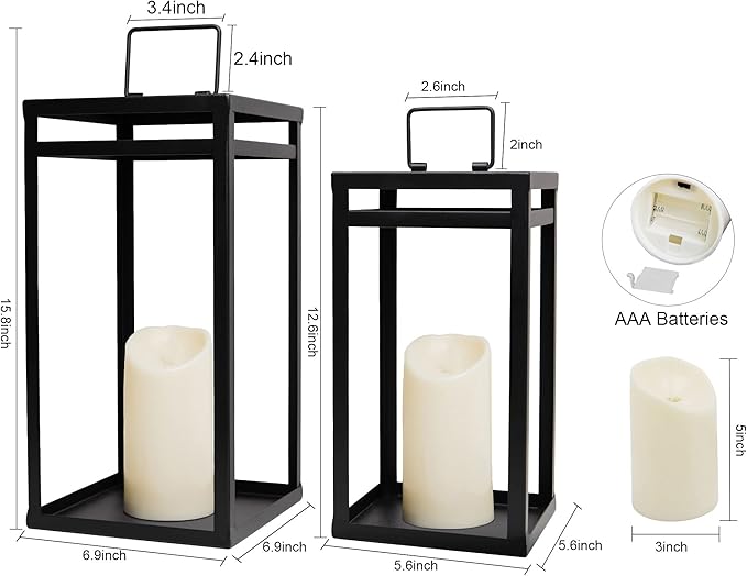 HPC Decor Black Metal Candle Lanterns Set of 2- Lanterns Decorative w/ LED Timer Candles- 15.8'' & 12.6'' Chunky Modern Farmhouse Lantern Decor for Indoor,Outdoor,Fireplace,Porch (No Glass)-Ruum Studio Home