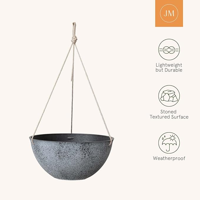 LA JOLIE MUSE Large Hanging Planters for Outdoor Plants - 13 Inch Hanging Flower Pots with Drainage Holes, Set of 2, Rock Grey-Ruum Studio Home