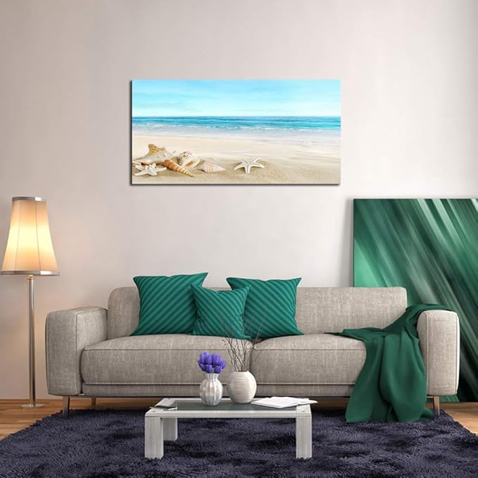 DZL Art S73962 Beach Picture Decor Ocean Painting Canvas Wall Art Prints of Starfish and Seashell on Sandy Seaside Ready to Hang for Living Room Bedroom Office Wall Decor Home Decoration-Ruum Studio Home