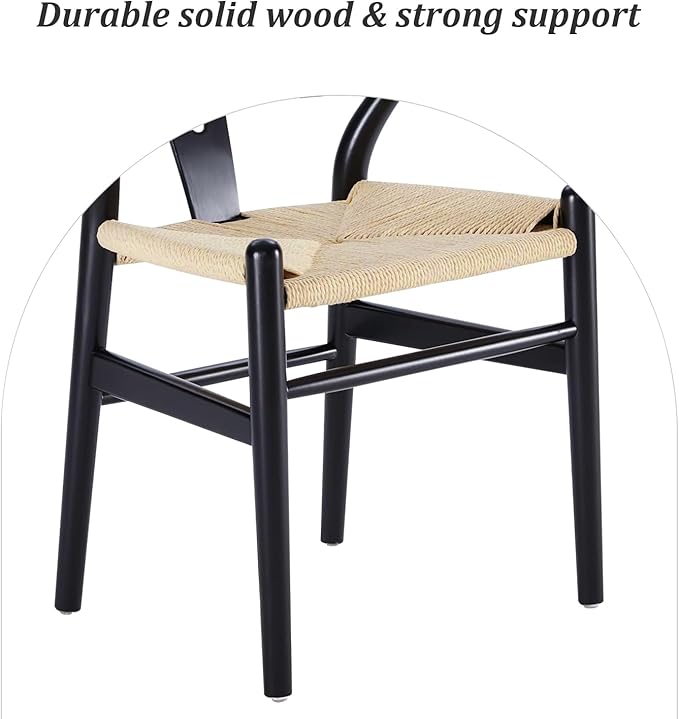 Wishbone Chair Natural Solid Wood Dining Chair/Hans Wegner Y Chair Rattan and Wood Accent Armrest Chairs - Ash Wood Chairs Set of 1 (Ash Wood - Black + Natural Color)-Ruum Studio Home