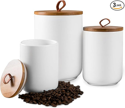 White Canister Sets for Kitchen, 3pcs Ceramic Canisters with Airtight Wooden Lid, Food Storage Jar, Large Kitchen Storage Containers for Serving Coffee Beans, Tea, Sugar, Salt, Spices-Ruum Studio Home