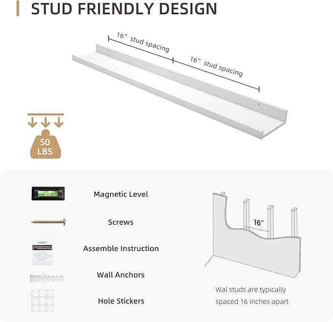 Picture Ledge Shelf, Wood Floating Shelves Set of 2, 36 inch Picture Ledge Shelves, Photo Ledge Nursery Book Shelves Wall Mounted for Living Room Kids' Room Bedroom, Color White-Ruum Studio Home