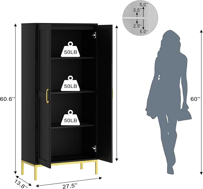 Tall Storage Cabinet, Kitchen Pantry Cabinet with 2 Doors & Adjustable Shelves for Laundry Room, Living Room, Entryway,Bathroom,Black-Ruum Studio Home