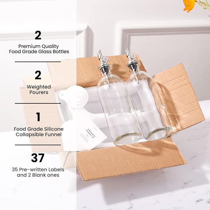 Molimoli Oil and Vinegar Dispenser with Metal Pour Spout, Weighted Pourer, Glass Bottle Dispenser for Kitchen, Olive Oil Cruet, Glass Olive Oil Bottle | 500ml, Set of 2-Ruum Studio Home