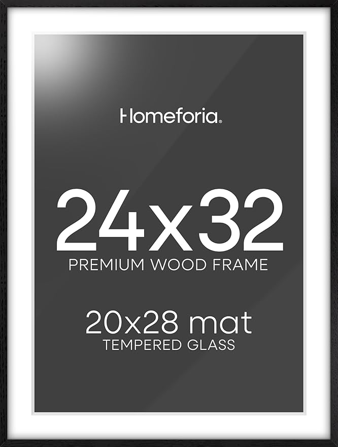 Homeforia Black Wood Frame 24x32, High End Oak 24x32 Large Wooden Poster Frames with Mat 20x28 inch Photo, 24 x 32 Picture Frame Matted to 20 x 28, 32x24 Thin Frame, Tempered Glass, Wall Kit, Set of 1-Ruum Studio Home