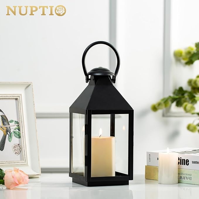 NUPTIO Black Decorative Candle Lantern: Metal Pillar Candle Holders for Table Centerpiece - 10.2in Tall Hanging Lanterns for Outdoor Wedding Party Home Living Room Fireplace Decor-Ruum Studio Home